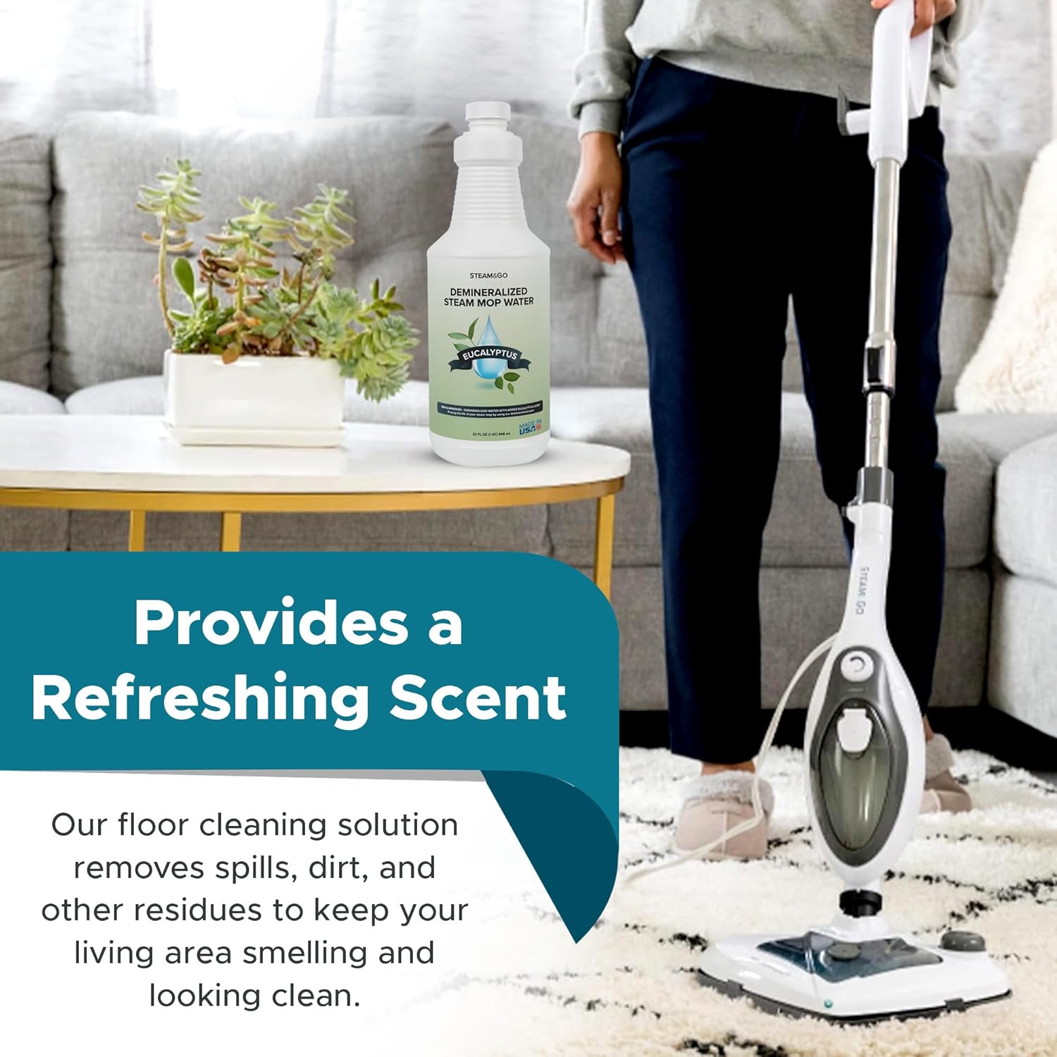 Steam & Go Demineralized Water for Steam Mop ‚Äì Eucalyptus Mint Scent, 32 oz (Pack of 18) | Scented Floor Cleaner Solution, Ready-to-Use, Compatible with Any Steam Cleaner