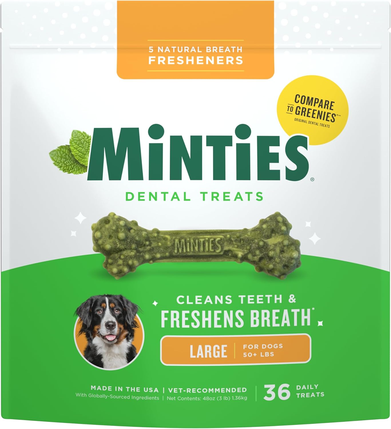 Minties Dental Chews for Dogs 36 Count Vet-Recommended Mint-Flavored Treats for Large Dogs Over 50 lbs Dental Bones Clean Teeth Fight Bad Breath and Removes Plaque and Tartar