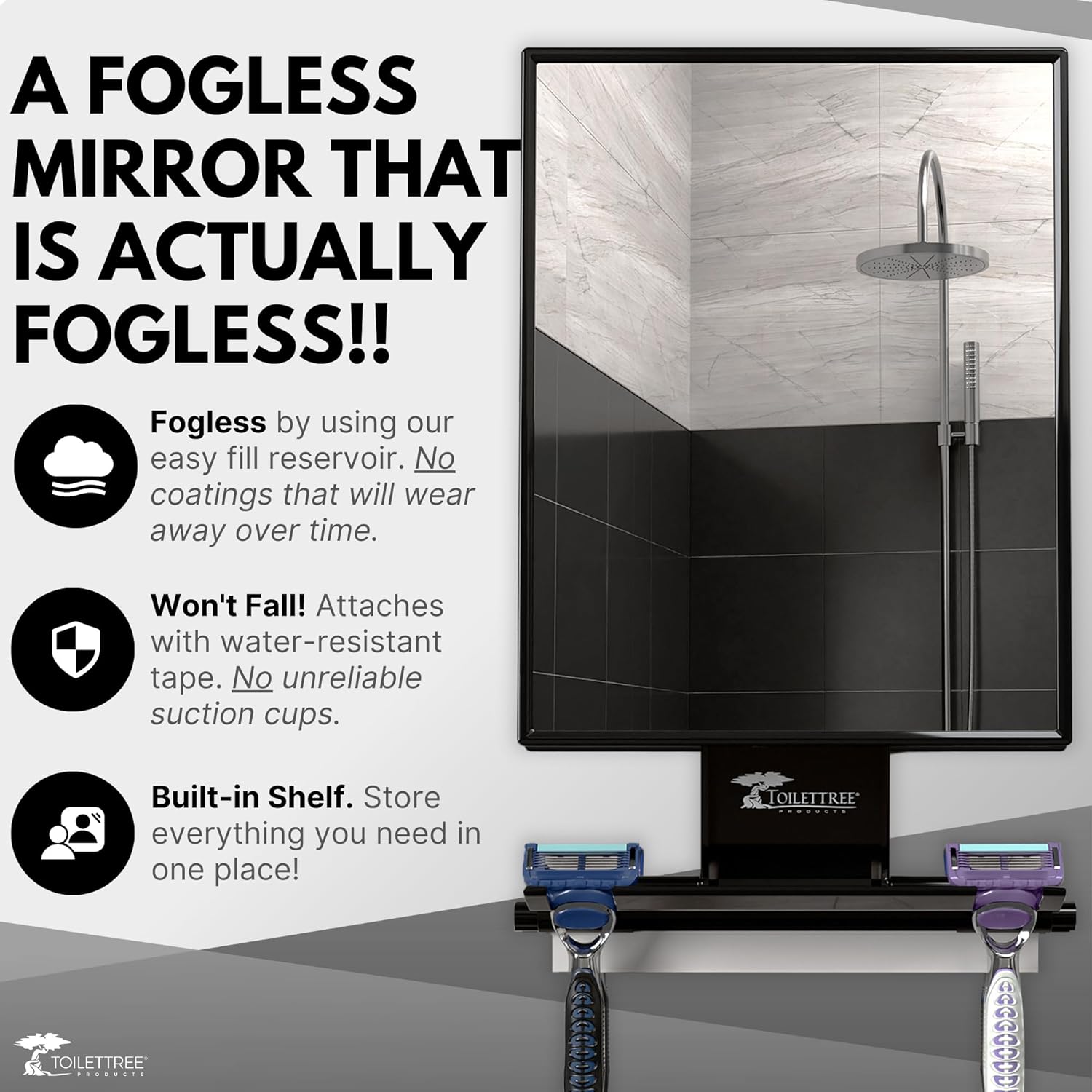 ToiletTree Products Fogless Shower Mirror - Anti-Fog Mirror - Adjustable Shaving Mirror with a Squeegee - Rust-Proof Impact-Resistance Bathroom Shower Mirror - Tall