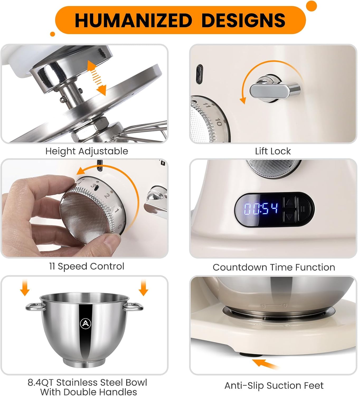8.4QT Commercial Stand Mixer 800W with Aluminum Die Casting Meets the Standard of NSF/ANSI 8-2023, Mixers Kitchen Electric Stand Mixer with Stainless Steel 8L Bowl, Dough Hook, Whisk and Beatera