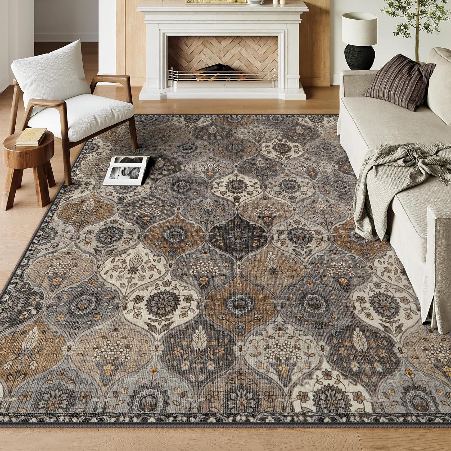 Lahome Moroccan Washable Area Rugs 8x10 Soft Vintage Oriental Rug for Living Room Bedroom Dining Room Non Slip Low Pile Stain Resistant Rug for Kids Pets High Traffic Areas Burnt Grey