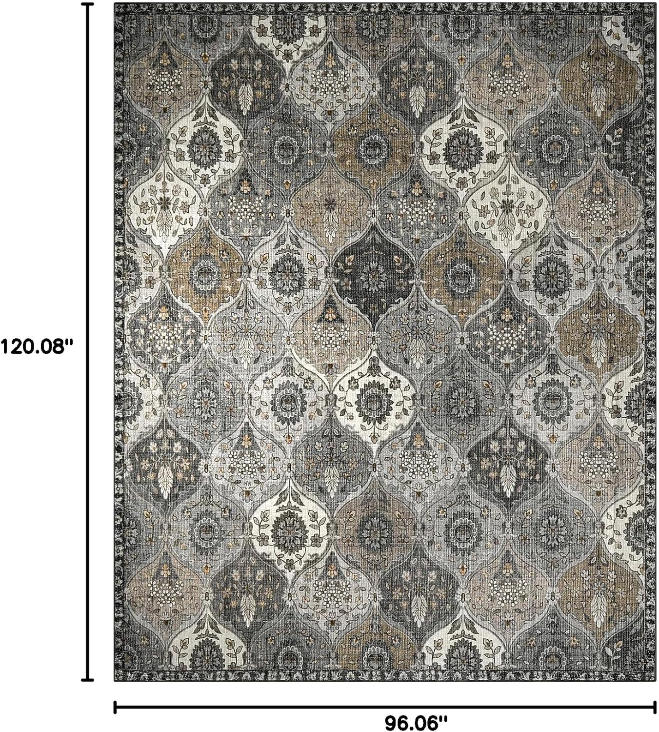 Lahome Moroccan Washable Area Rugs 8x10 Soft Vintage Oriental Rug for Living Room Bedroom Dining Room Non Slip Low Pile Stain Resistant Rug for Kids Pets High Traffic Areas Burnt Grey