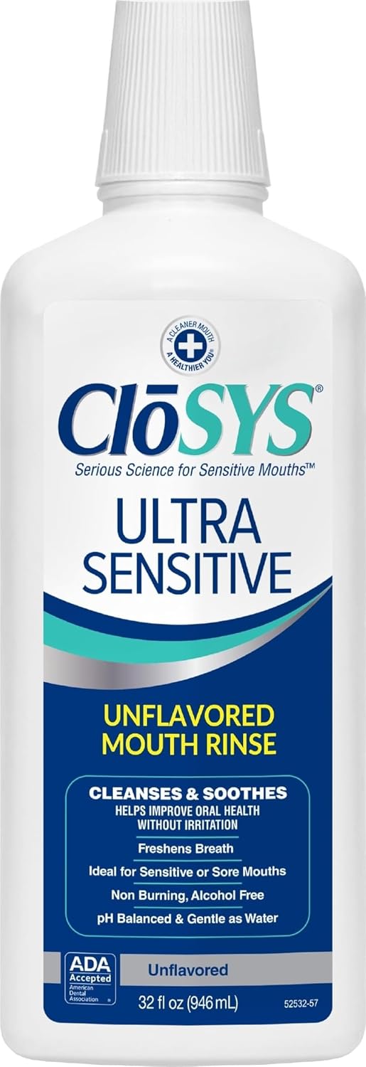 CloSYS Ultra Sensitive Mouthwash, 32 Oz, Alcohol Free Mouthwash, Unflavored Mouth Wash, Dye Free, pH Balanced, Helps Soothe Entire Mouth | Unflavored Mouth Wash, Dye Free, pH Balanced, Helps Soothe Entire Mouth, 32 Fl Oz (Pack of 1), Mouthwash