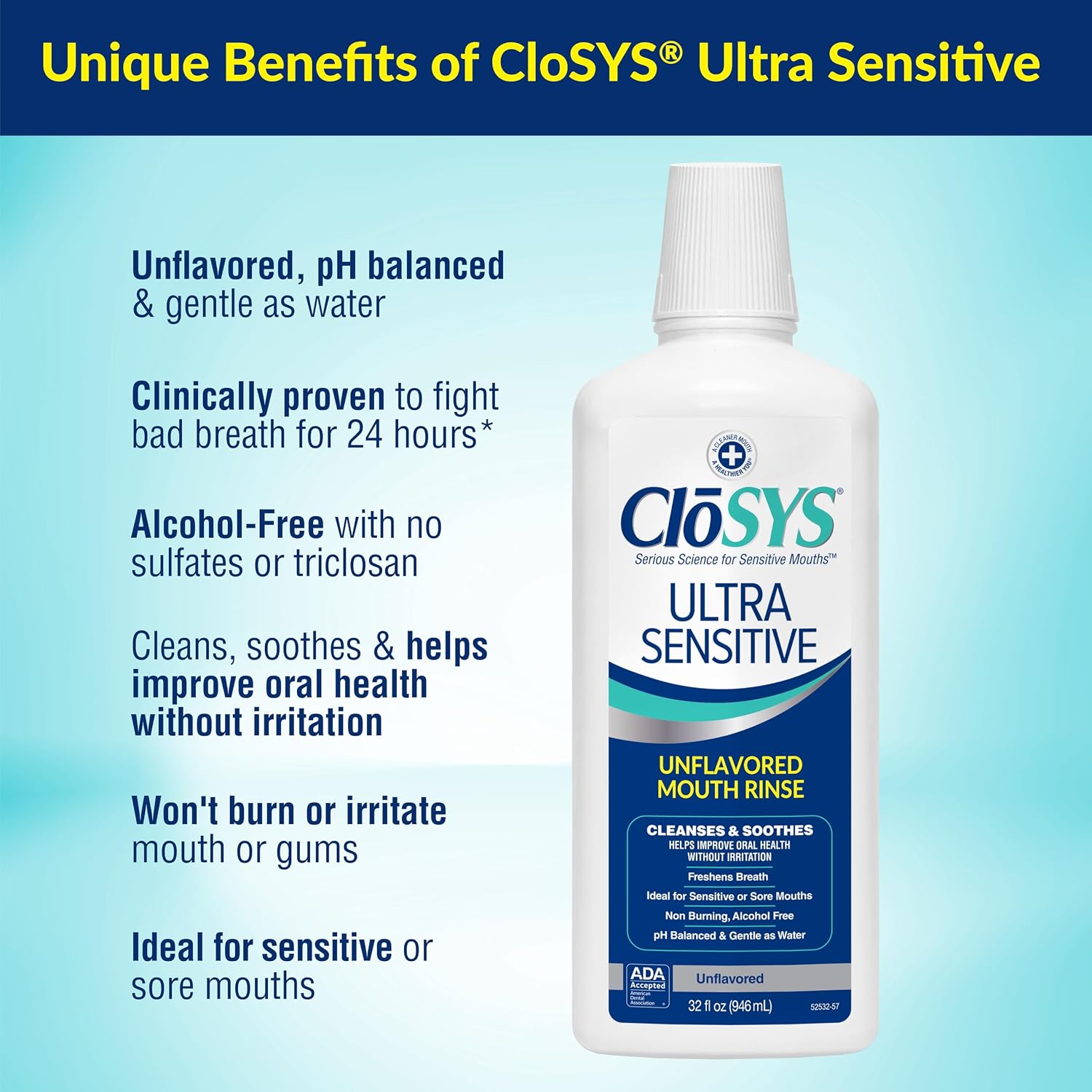 CloSYS Ultra Sensitive Mouthwash, 32 Oz, Alcohol Free Mouthwash, Unflavored Mouth Wash, Dye Free, pH Balanced, Helps Soothe Entire Mouth | Unflavored Mouth Wash, Dye Free, pH Balanced, Helps Soothe Entire Mouth, 32 Fl Oz (Pack of 1), Mouthwash