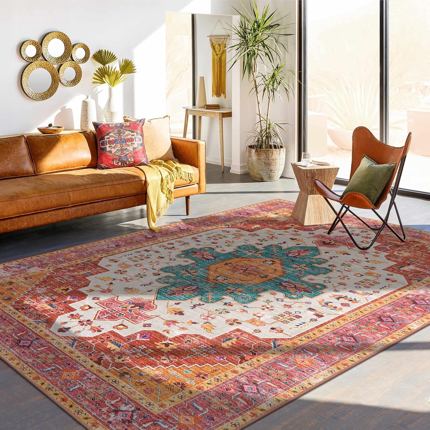 Moynesa Ultra-Thin Washable 10x14 Area Rugs for Bedroom Pink Large Living Room Rug Non Slip Medallion Oriental Indoor Floor Carpet for Dining Room Table Dorm Home Office Decor