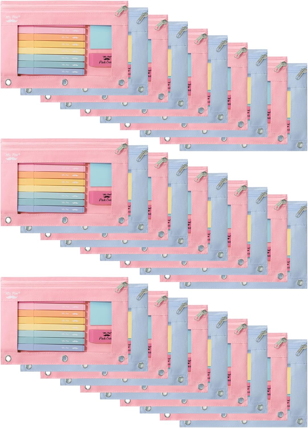 Mr. Pen- Pencil Pouch for 3 Ring Binder 30 Pack 10"x6.75" Smooth Zipper | Clear Window Bulk Large Capacity Pencil Case with 3 Reinforced Grommets for School Office Supplies Storage