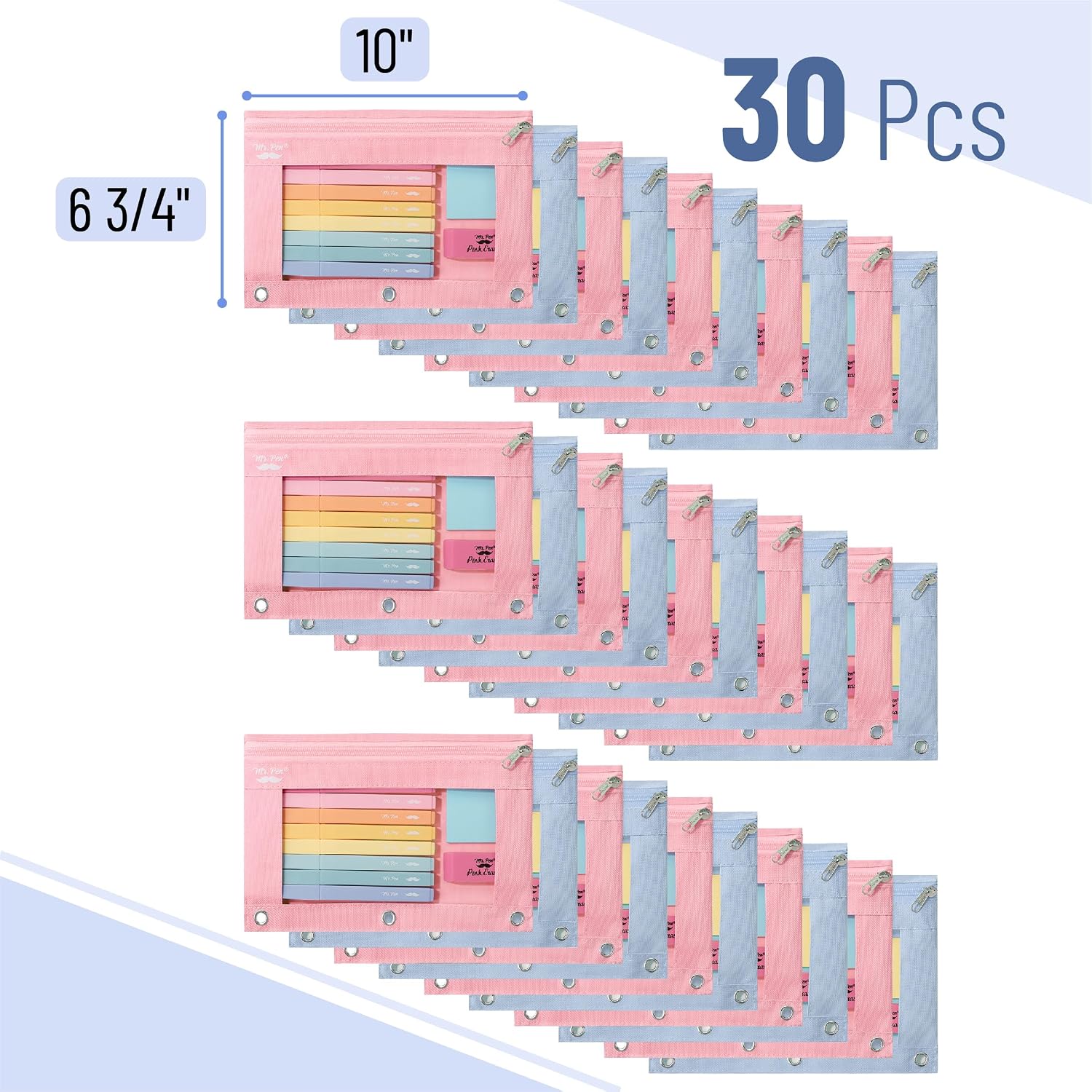 Mr. Pen- Pencil Pouch for 3 Ring Binder 30 Pack 10"x6.75" Smooth Zipper | Clear Window Bulk Large Capacity Pencil Case with 3 Reinforced Grommets for School Office Supplies Storage