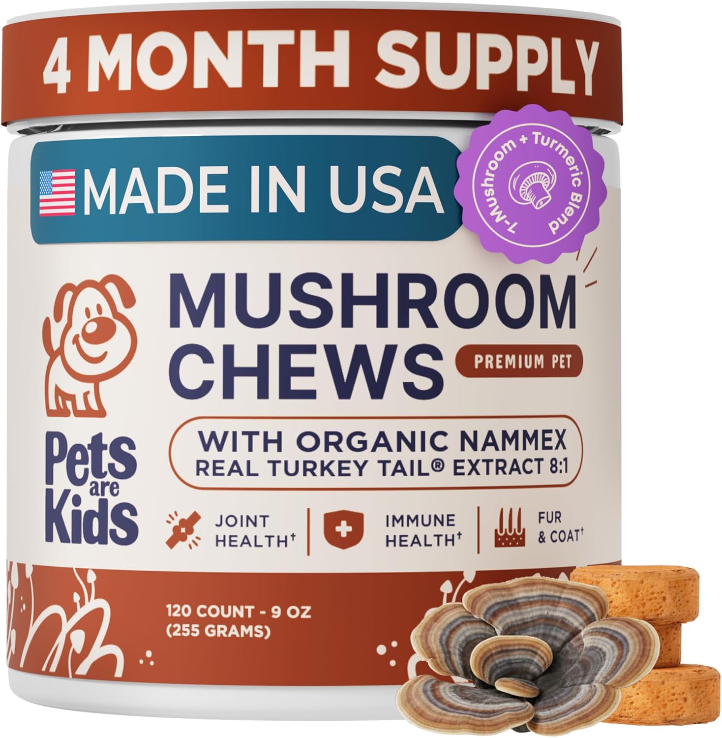 Pets are Kids Turkey Tail Mushroom for Dogs with Organic Real Turkey Tail‚Ñ¢ - 8:1 Extract Mushroom Chews for Lumps & Bumps Immunity Gut Skin Joint & Spine Support - Reishi Lion‚Äôs Mane - 120 Chews