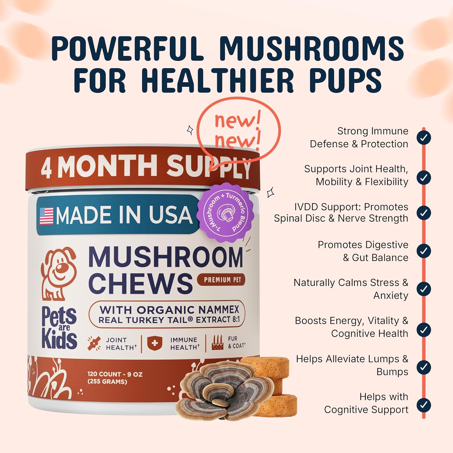 Pets are Kids Turkey Tail Mushroom for Dogs with Organic Real Turkey Tail‚Ñ¢ - 8:1 Extract Mushroom Chews for Lumps & Bumps Immunity Gut Skin Joint & Spine Support - Reishi Lion‚Äôs Mane - 120 Chews