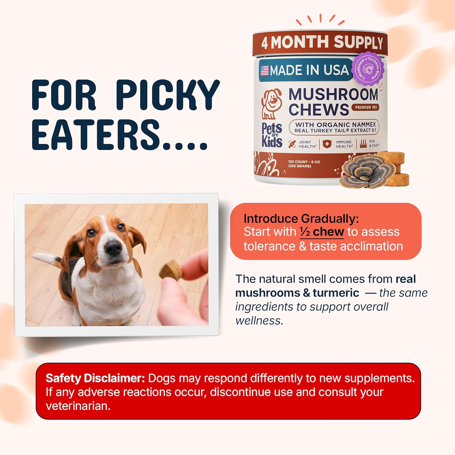 Pets are Kids Turkey Tail Mushroom for Dogs with Organic Real Turkey Tail‚Ñ¢ - 8:1 Extract Mushroom Chews for Lumps & Bumps Immunity Gut Skin Joint & Spine Support - Reishi Lion‚Äôs Mane - 120 Chews