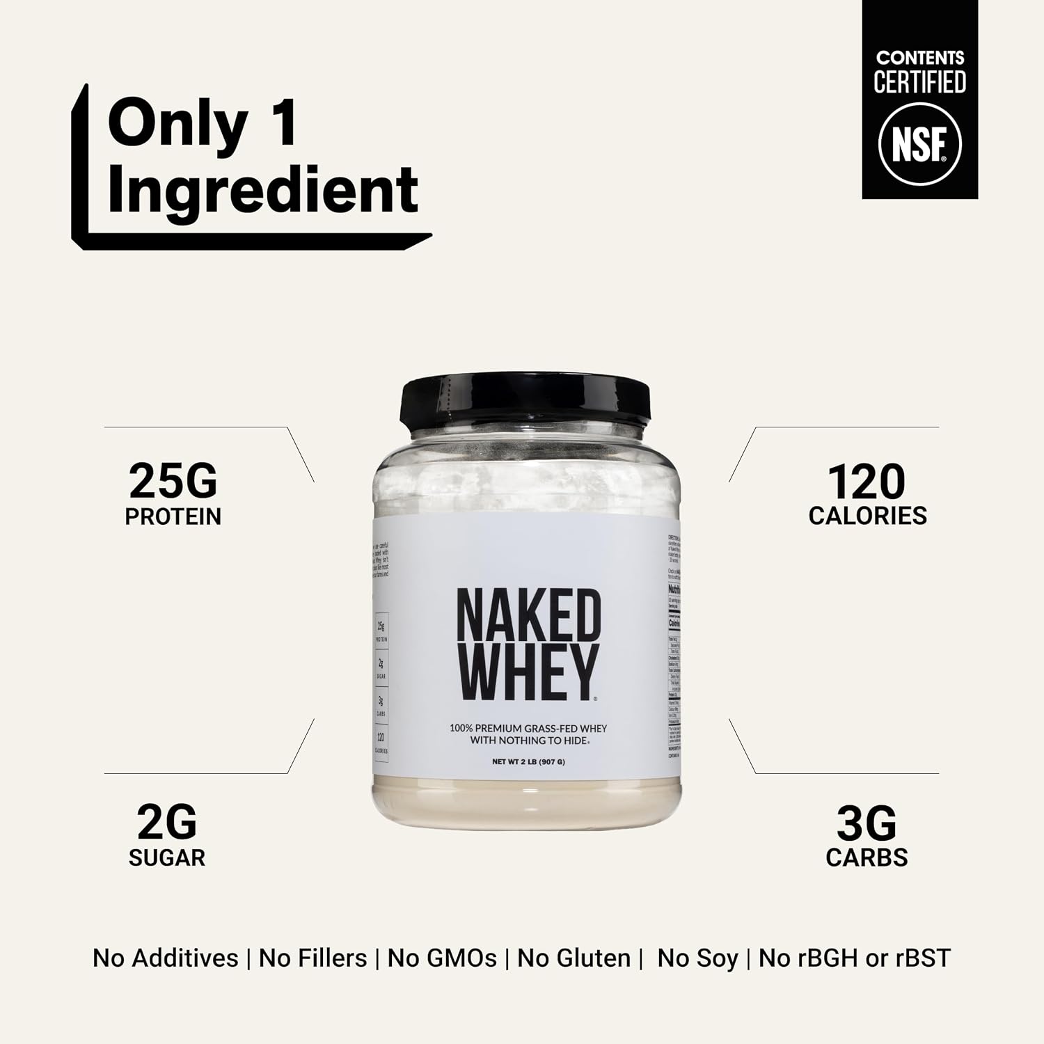 NAKED Whey 2LB 100% Grass Fed Whey Protein Powder - Only 1 Ingredient, Unflavored Whey Protein, NSF Certified, Undenatured, Gluten Free, Soy Free, No GMOs, No Preservatives