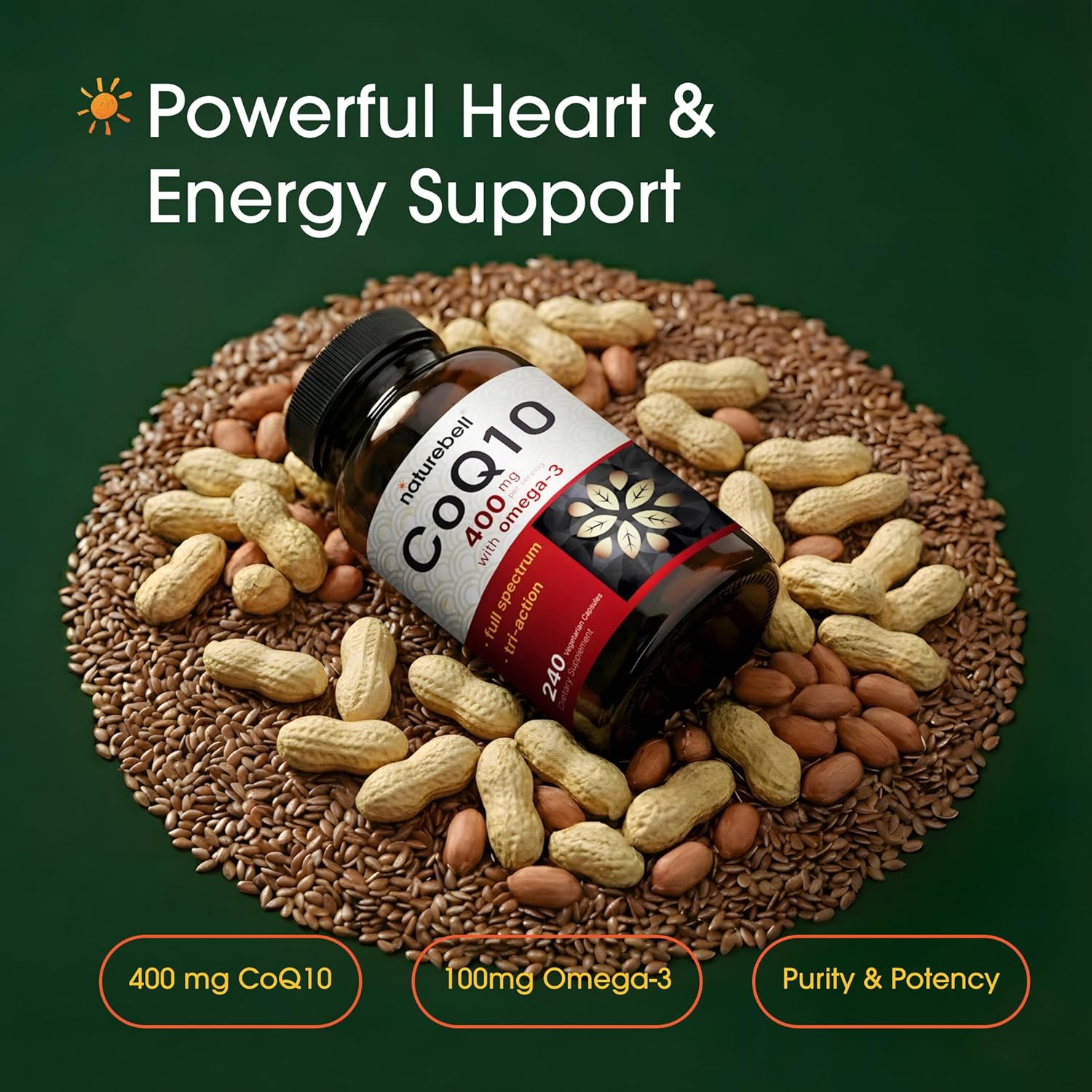 NatureBell CoQ10 400mg with Omega-3-240 Capsules - Antioxidant Supplement for Heart Health Support - Supports Cellular Energy* - Extra Strength Coenzyme Q10-3rd Party Tested -
