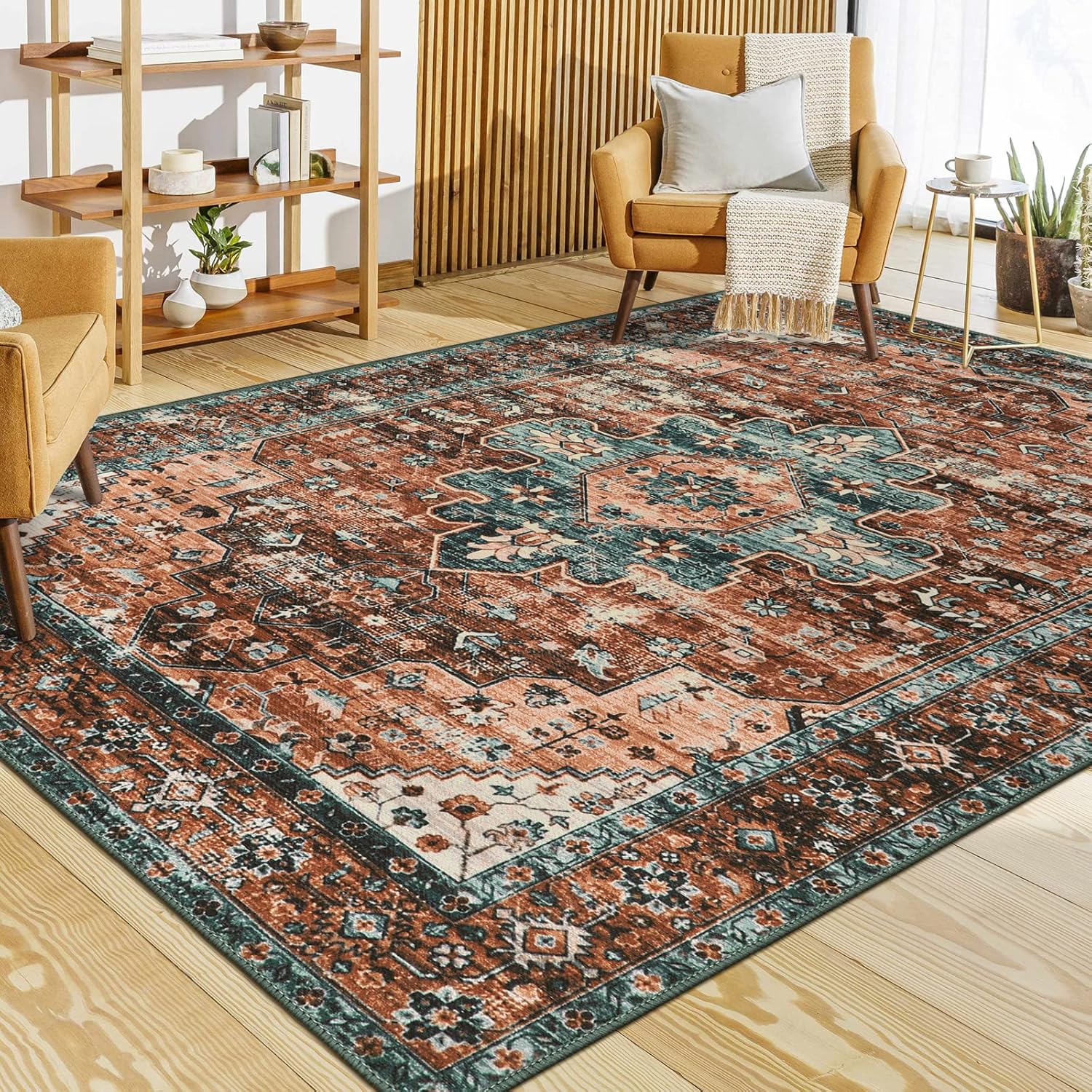 Moynesa Ultra-Thin Washable 10x14 Area Rugs for Living Room Boho Large Living Room Rug Non Slip Vintage Oriental Indoor Floor Carpet for Dining Room Table Dorm Home Office Decor Brick Red
