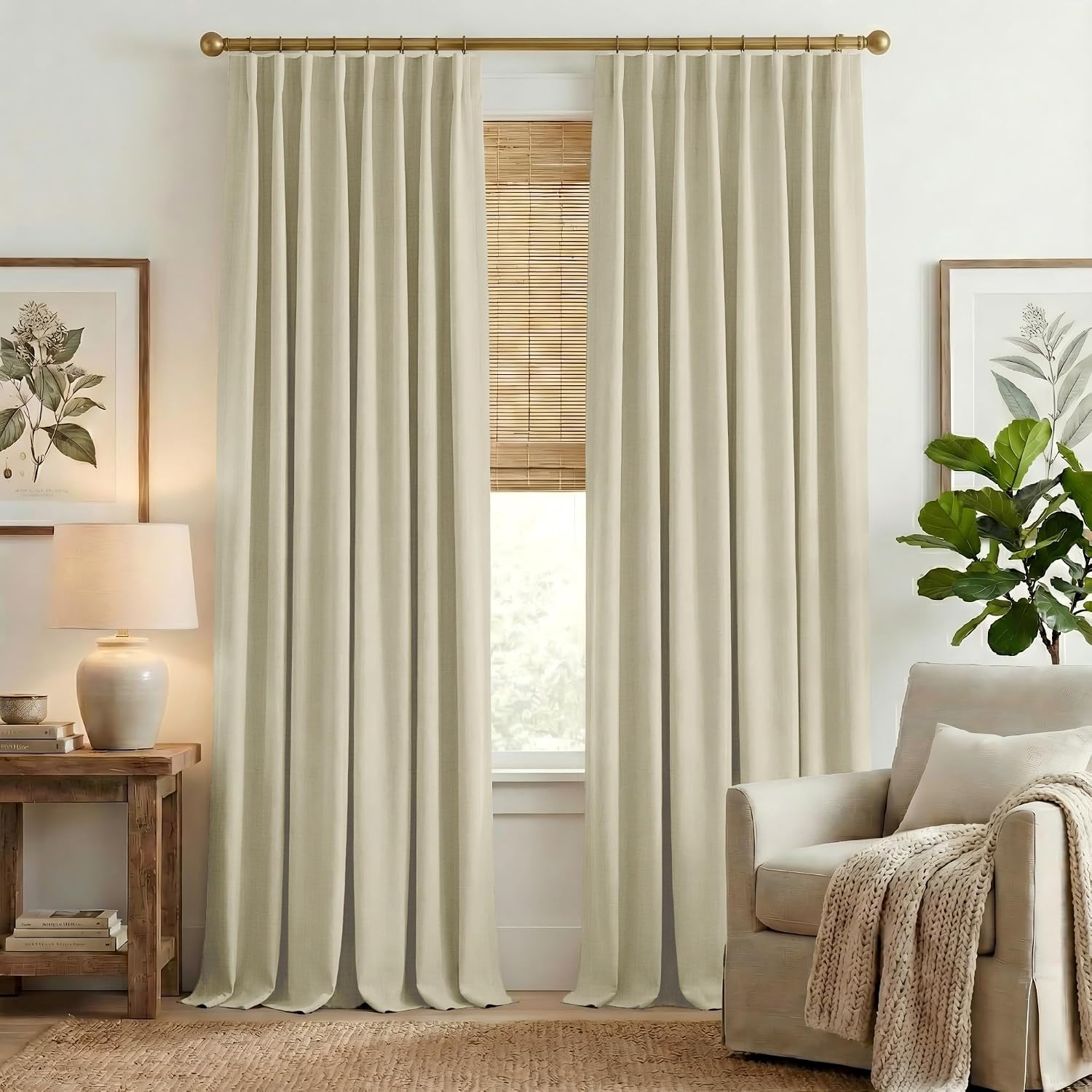 NICETOWN Room Darkening Living Room Curtains 96 inches Long Pinch Pleated Curtains Faux Linen Blend Light Blocking Noise Canceling Drapes for Bedroom Linen Beige W52 x L96 2 Panels