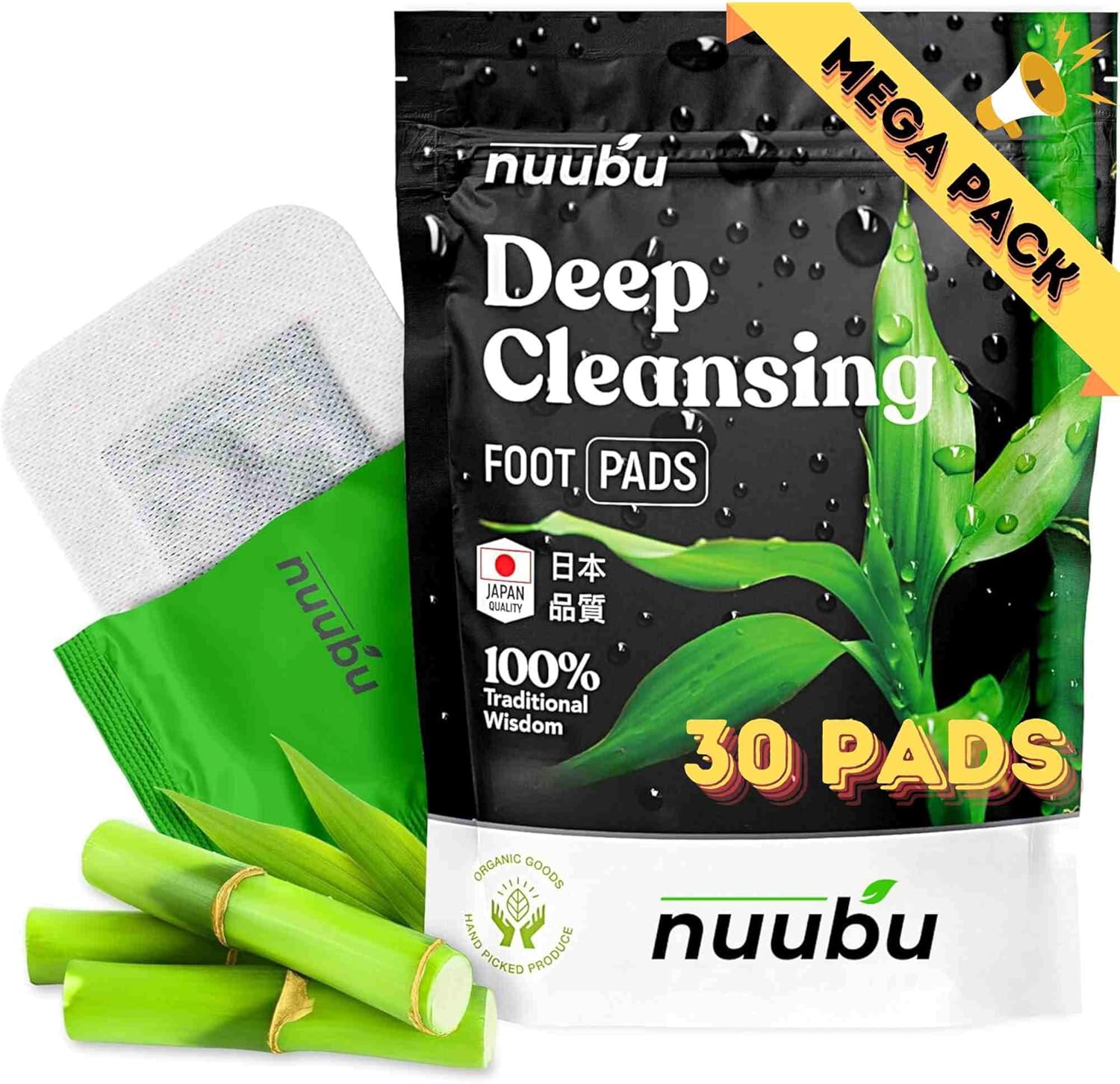 Nuubu Foot Pads - Premium Japanese Organic Natural Herbal Patches for Foot Care Natural Ingredients - Bamboo Vinegar & Tourmaline (30 Pc)
