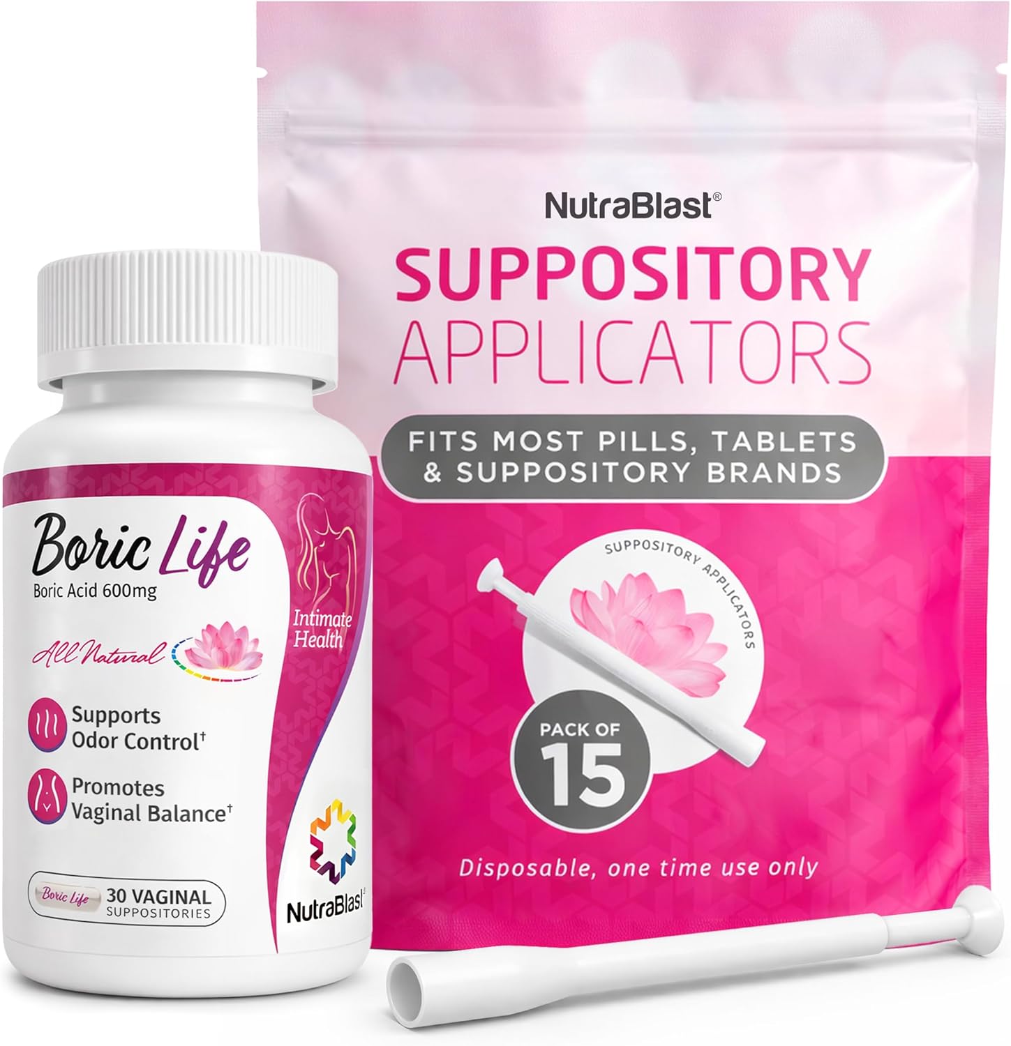 NutraBlast Boric Acid Suppositories 600mg Bundle with Applicator 30 Suppositories & 15 Applicators - Feminine Care - Made in USA