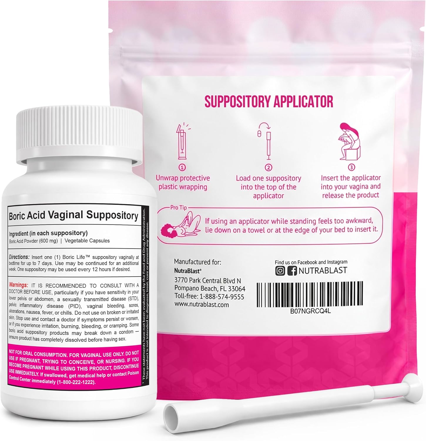 NutraBlast Boric Acid Suppositories 600mg Bundle with Applicator 30 Suppositories & 15 Applicators - Feminine Care - Made in USA