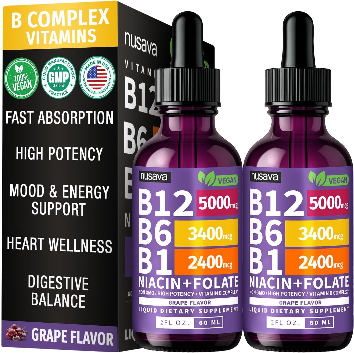 (2 Pack) Vitamin B12 and B6 Liquid Drops B12 Sublingual Vitamin B Complex - B 12 Vitamin 5000mcg - B12 Methylcobalamin for Energy Brain Heart Support with 27 200 mcg Grape Flavor 80 Servings