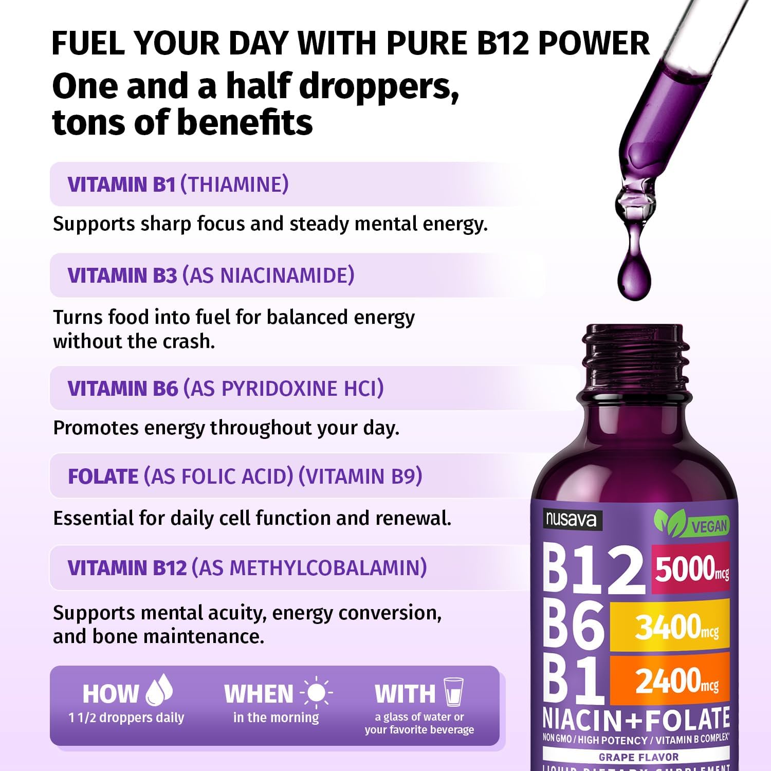 (2 Pack) Vitamin B12 and B6 Liquid Drops B12 Sublingual Vitamin B Complex - B 12 Vitamin 5000mcg - B12 Methylcobalamin for Energy Brain Heart Support with 27 200 mcg Grape Flavor 80 Servings