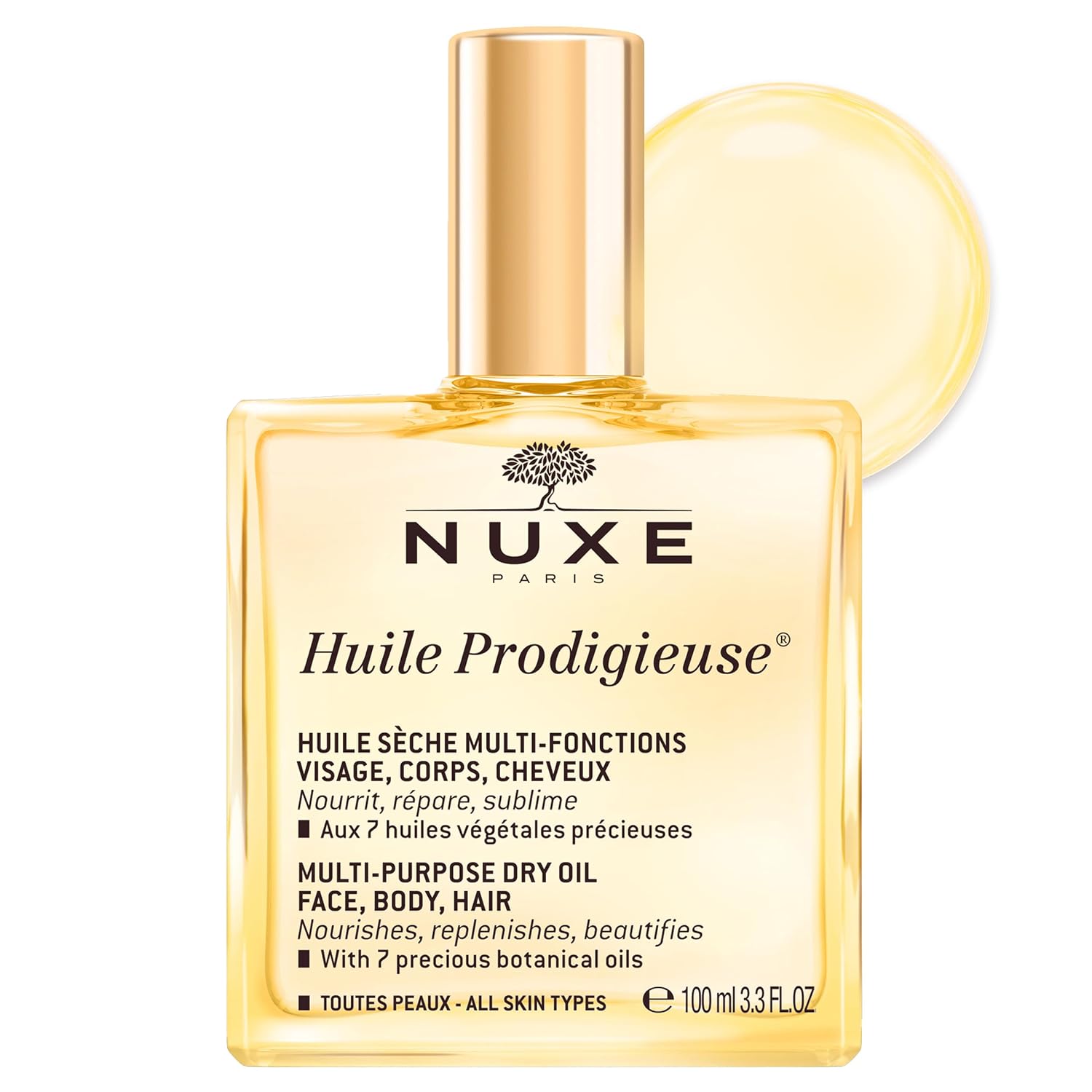 NUXE Huile Prodigieuse Multi-Purpose Dry Oil with 7 Botanical Oils for Radiant Glow and Hydration for Face, Body & Hair, 3.3 Fl Oz