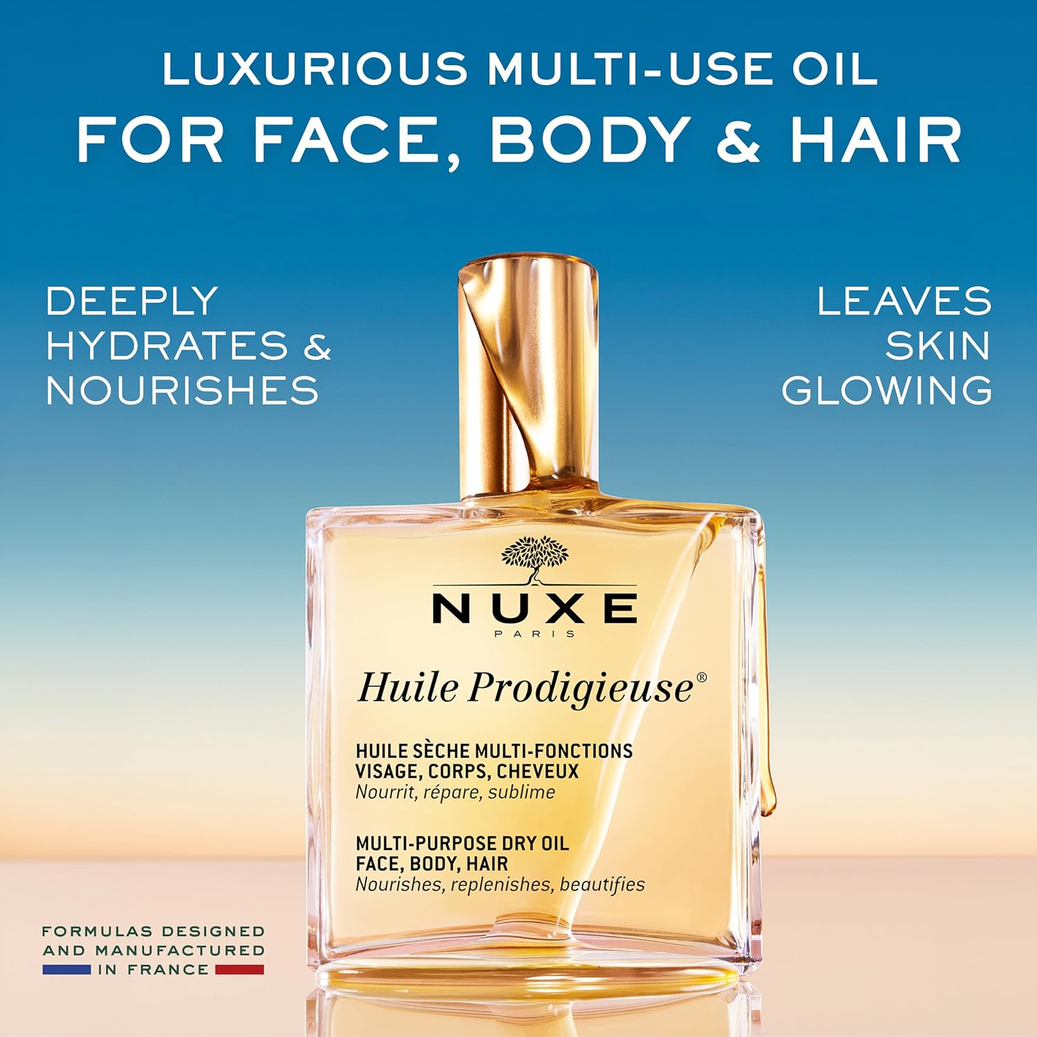 NUXE Huile Prodigieuse Multi-Purpose Dry Oil with 7 Botanical Oils for Radiant Glow and Hydration for Face, Body & Hair, 3.3 Fl Oz