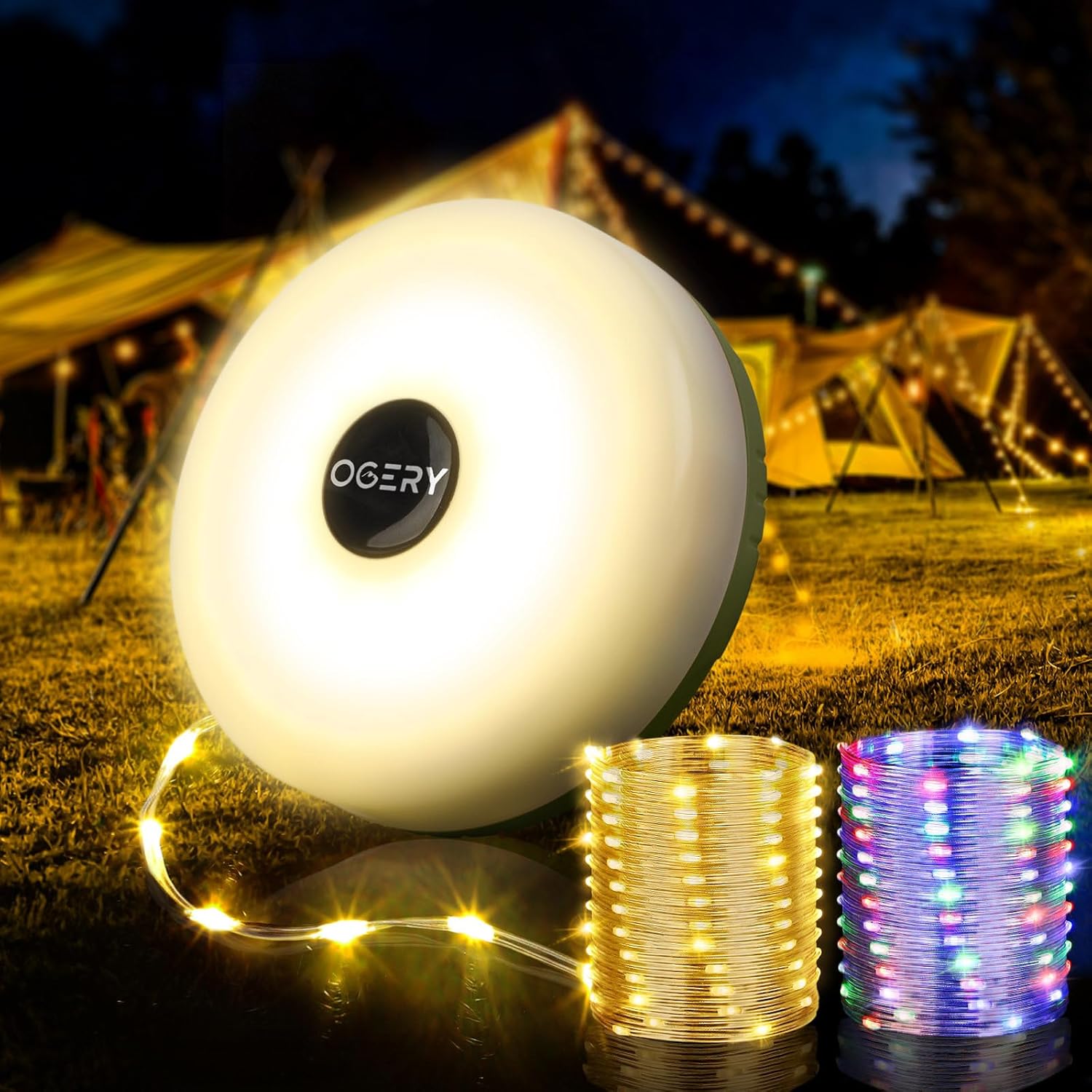 OGERY Camping String Lights 4 in 1 Quick Storage 32.8FT Rechargeable Tent Lights String with 8 Lighting Modes Hanging Waterproof Portable LED Lamp for Outdoor Patio Awning Garden Camping Essentials