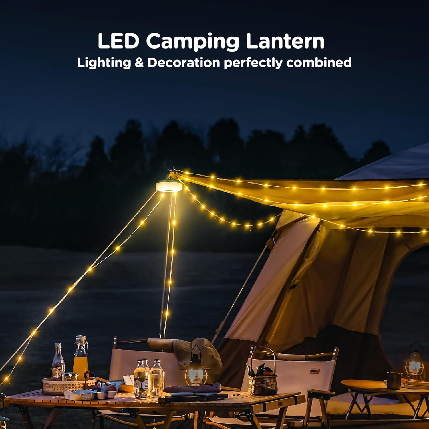 OGERY Camping String Lights 4 in 1 Quick Storage 32.8FT Rechargeable Tent Lights String with 8 Lighting Modes Hanging Waterproof Portable LED Lamp for Outdoor Patio Awning Garden Camping Essentials