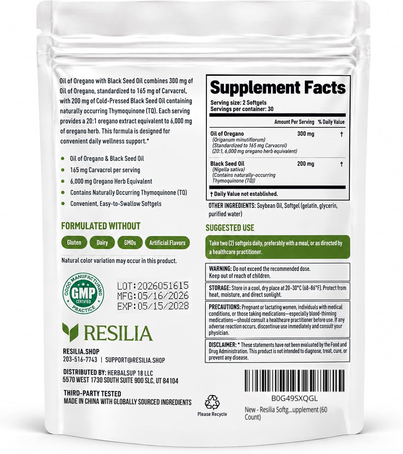 Resilia Oil Of Oregano Softgels with Black Seed Oil - 180 Softgels