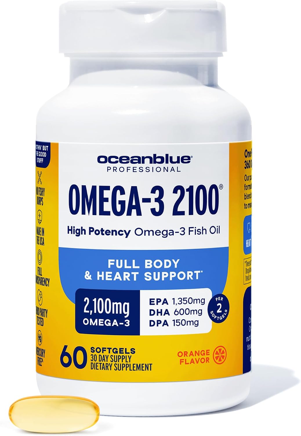 Oceanblue Professional Omega-3 2100 - Triple Strength DPA EPA DHA Omega 3 Supplement - High Potency Burpless Wild Caught Fish Oil - Orange Flavor, 60 Softgels (30 Servings)