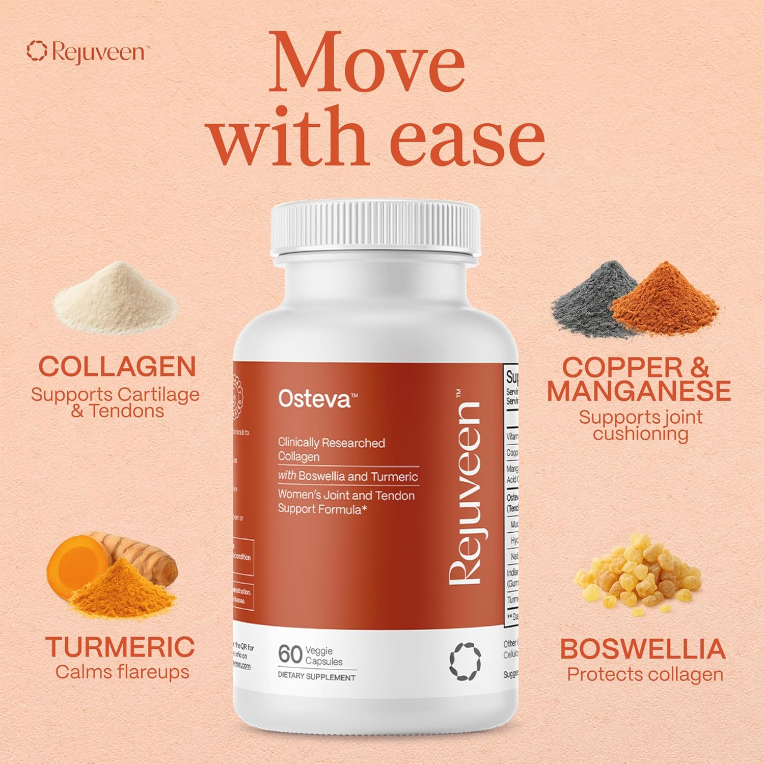 Rejuveen Osteva Joint Support Supplement for Women | High Potency Collagen, Turmeric, Boswellia | for Flexible Cartilage & Tendons, Resilient Knees & Hip, Improved Mobility | Non-GMO, 60 Ct
