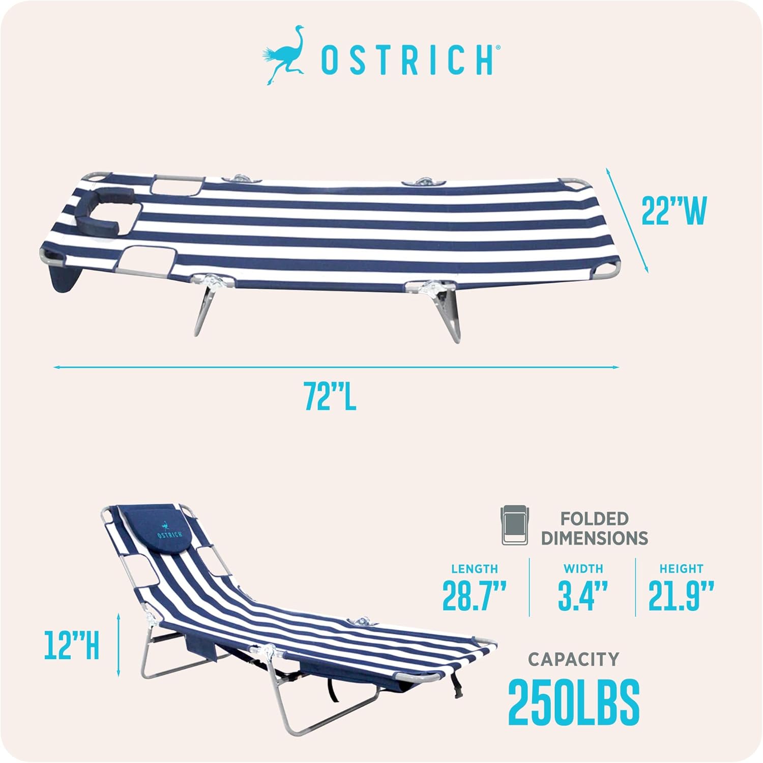 Ostrich the Backpack Chaise Lounge Folding & Reclining Outdoor Beach Chaise Lounger Chair for Lawn Pool Patio Garden and Yard Blue Stripe