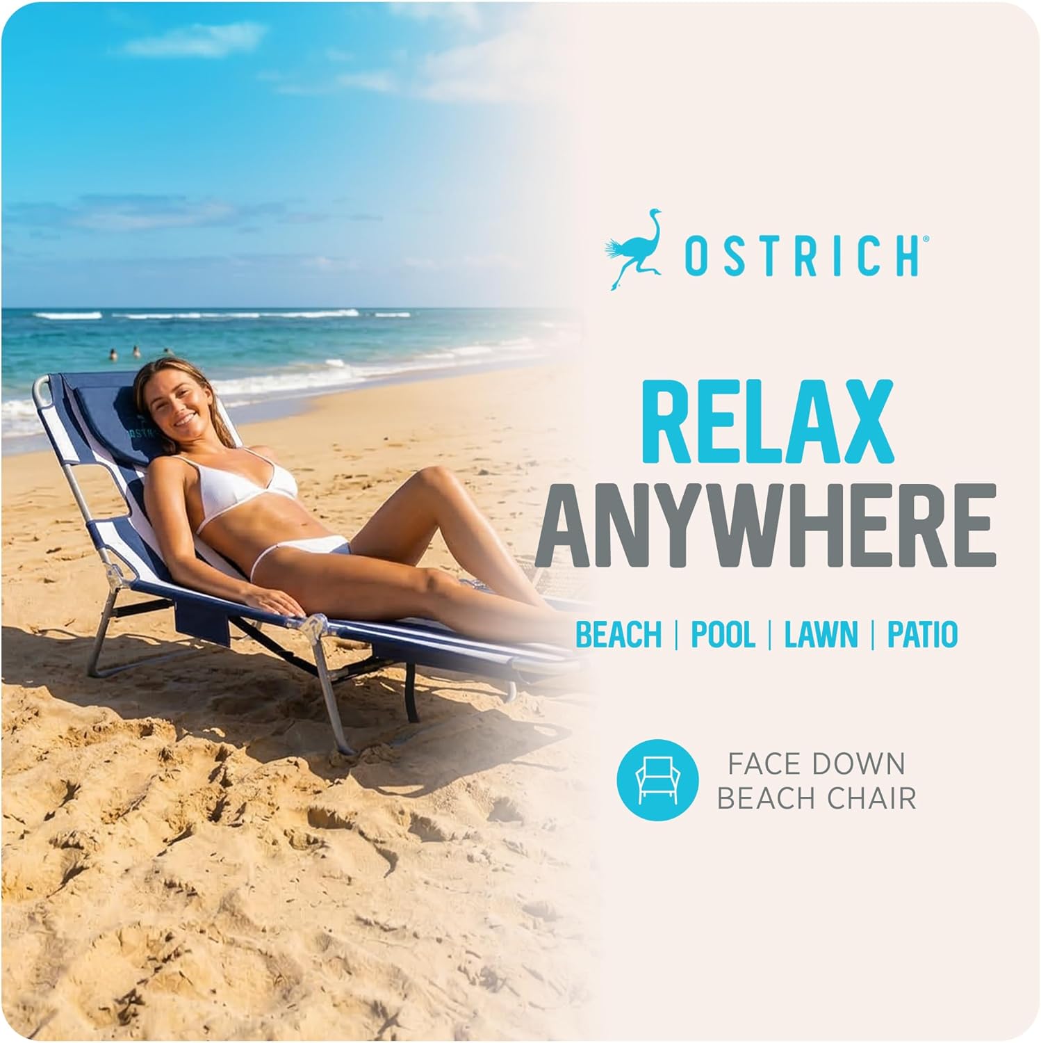 Ostrich the Backpack Chaise Lounge Folding & Reclining Outdoor Beach Chaise Lounger Chair for Lawn Pool Patio Garden and Yard Blue Stripe