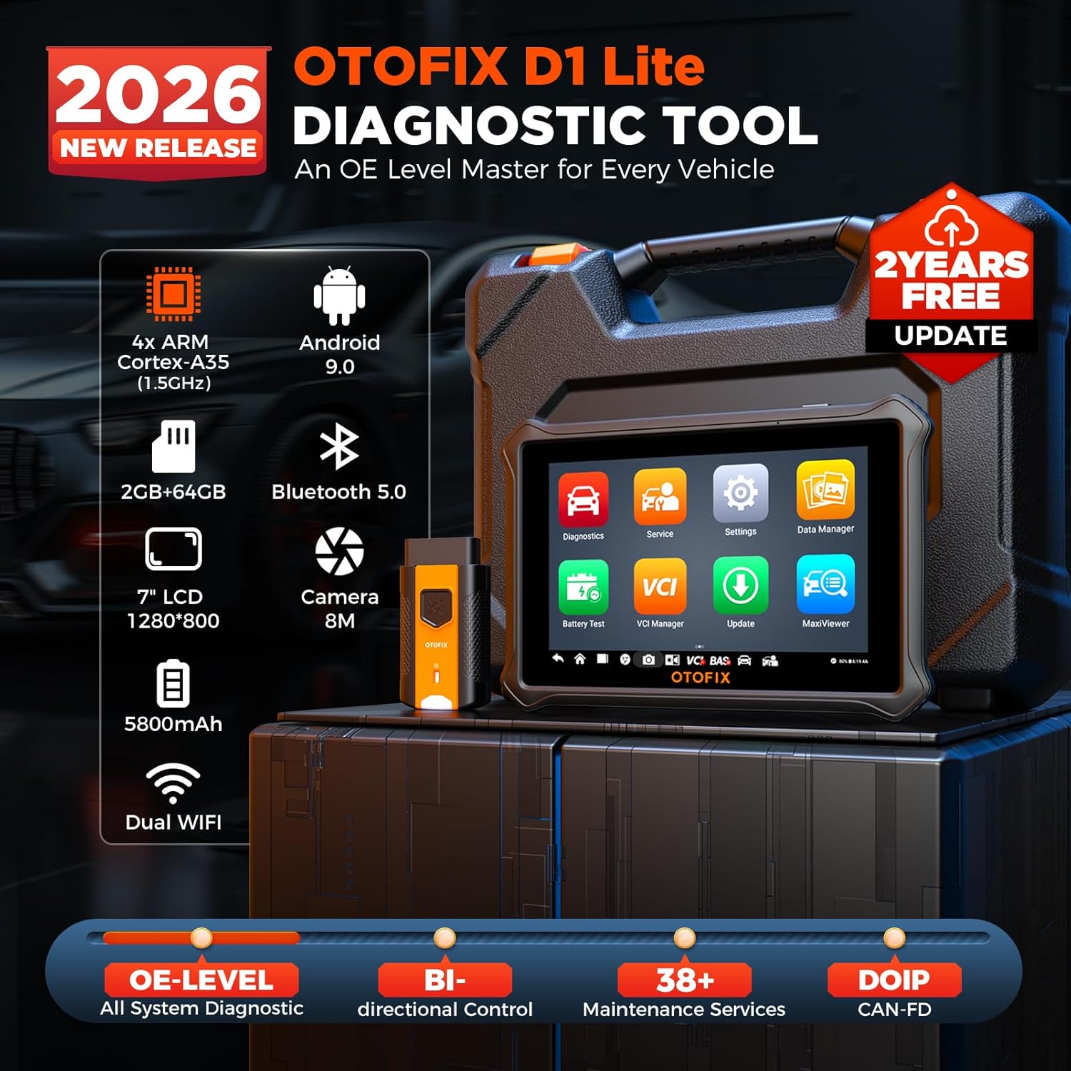 OTOFIX D1 Lite Bidirectional Scan Tool with 2-Year Free Updates, 2026 New All System Automotive Diagnostic Scanner, 38+ Reset Services, FCA AutoAuth, Active Test, CANFD&DOIP, Auto VIN