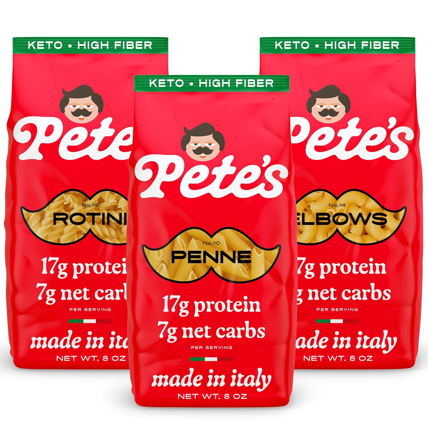 Low Carb Protein Pasta Variety | Penne Rotini Elbow Macaroni with 17g Protein 7g Carbs | Healthy Keto Pasta Made in Italy | 3-Pack 8oz - Pete‚Äôs Pasta