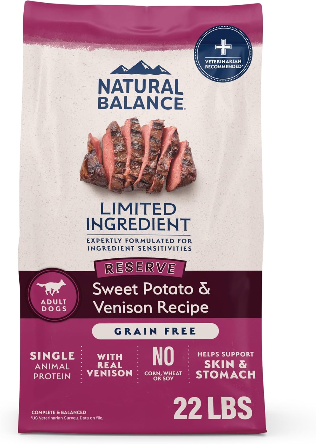 Natural Balance Limited Ingredient, Reserve Sweet Potato & Venison, 22 lb | Grain-Free Dry Dog Food, Balanced Nutrition for Adult Dogs with Sensitivities, Skin and Stomach Support, Sweet Potato & Venison, 22 Pound (Pack of 1)
