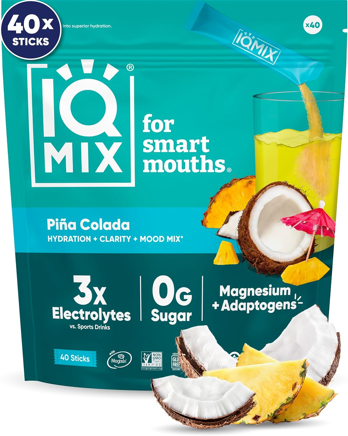 IQMIX Hydration Electrolyte Powder ‚Äì 4-in-1 Formula for Hydration Mental Clarity Mood and Recovery ‚Äì Sugar-Free Drink Mix Keto Magnesium L-Threonate Lion‚Äôs Mane ‚Äì 40 Count Pi√±a Colada