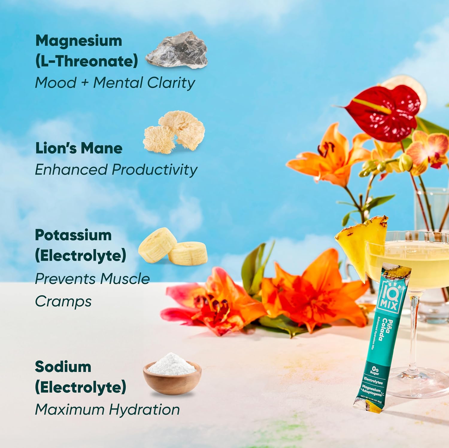 IQMIX Hydration Electrolyte Powder ‚Äì 4-in-1 Formula for Hydration Mental Clarity Mood and Recovery ‚Äì Sugar-Free Drink Mix Keto Magnesium L-Threonate Lion‚Äôs Mane ‚Äì 40 Count Pi√±a Colada