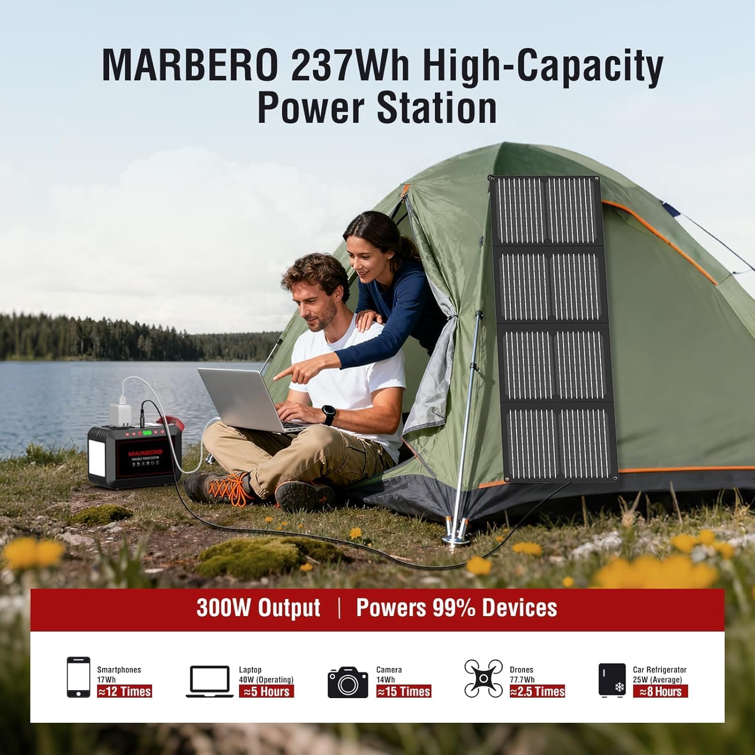 Portable Power Station 300W MARBERO 237Wh Camping Solar Generator Backup Lithium Battery with Pure Sine Wave 110V AC Outlet USB C USB A DC for Outdoors Camping CPAP Home Blackout Emergency