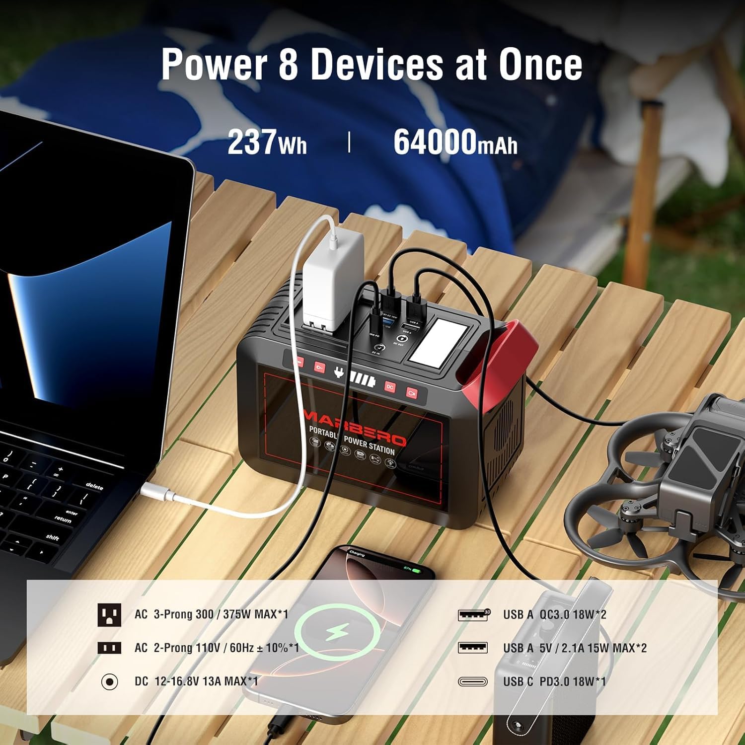 Portable Power Station 300W MARBERO 237Wh Camping Solar Generator Backup Lithium Battery with Pure Sine Wave 110V AC Outlet USB C USB A DC for Outdoors Camping CPAP Home Blackout Emergency