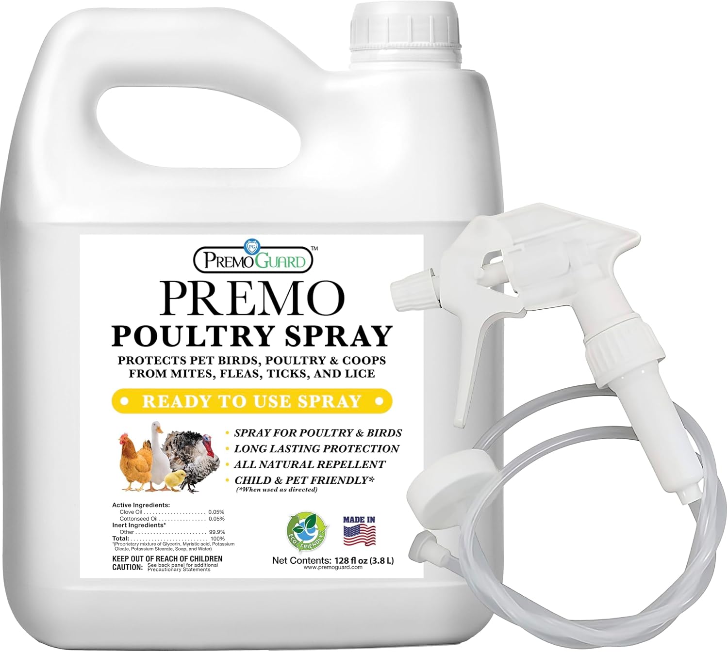 Premo Guard Poultry Spray - 128 oz - Kill Scaly Leg Mites Fleas Lice & Other Pests on Chickens and in Coops - Natural Plant Based Oils for Control & Prevention - Family Safe with No Egg Withdrawal