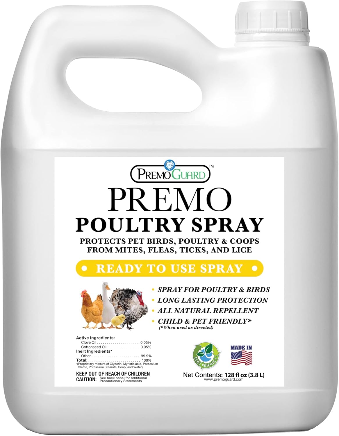 Premo Guard Poultry Spray - 128 oz - Kill Scaly Leg Mites Fleas Lice & Other Pests on Chickens and in Coops - Natural Plant Based Oils for Control & Prevention - Family Safe with No Egg Withdrawal