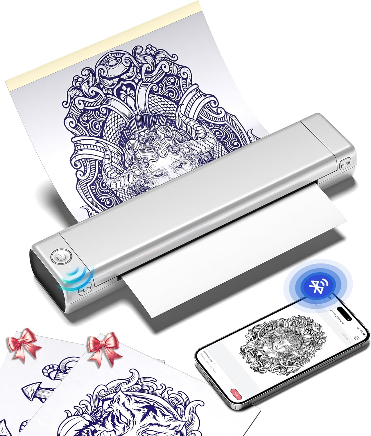 Phomemo Tattoo Stencil Printer M08F Wireless Thermal Tattoo Printer with 10pcs Transfer Paper Compatible with Phone/Tablet/PC Tattoo Supplies for Tattoo Artists & Beginners Silver