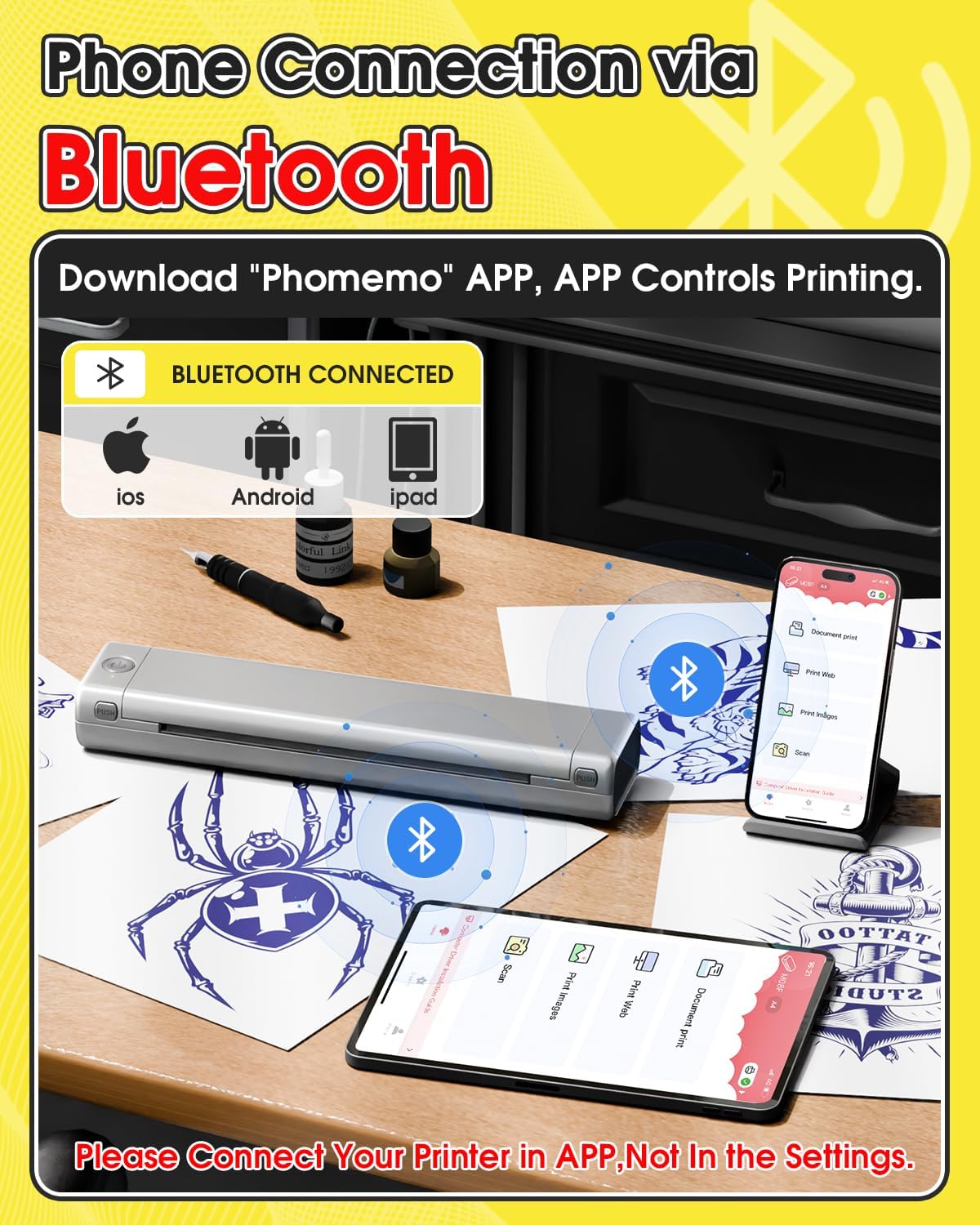 Phomemo Tattoo Stencil Printer M08F Wireless Thermal Tattoo Printer with 10pcs Transfer Paper Compatible with Phone/Tablet/PC Tattoo Supplies for Tattoo Artists & Beginners Silver