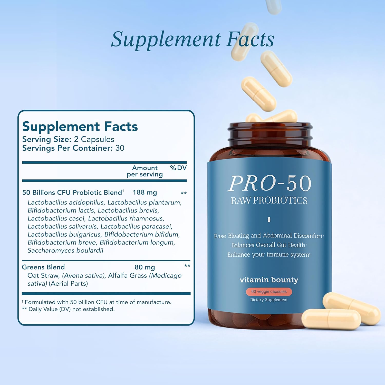 Vitamin Bounty Pro-50 - Probiotics for Women & Men - 50 Billion CFU - 13 Strains Probiotic + Prebiotic - Probiotics for Digestive Health - Delayed Release Capsules - 60 Count
