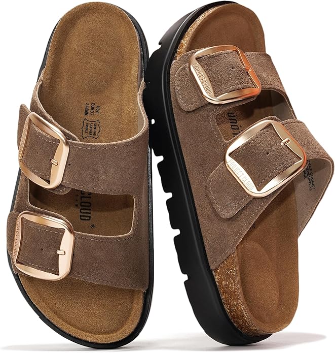 Project Cloud 100% Genuine Leather Platform Sandals Women Footwear - Wedge Chunky Slides for Women 2026 with Memory Foam Insole & Cork Footbed Womens Sandals (GreeceChunky)