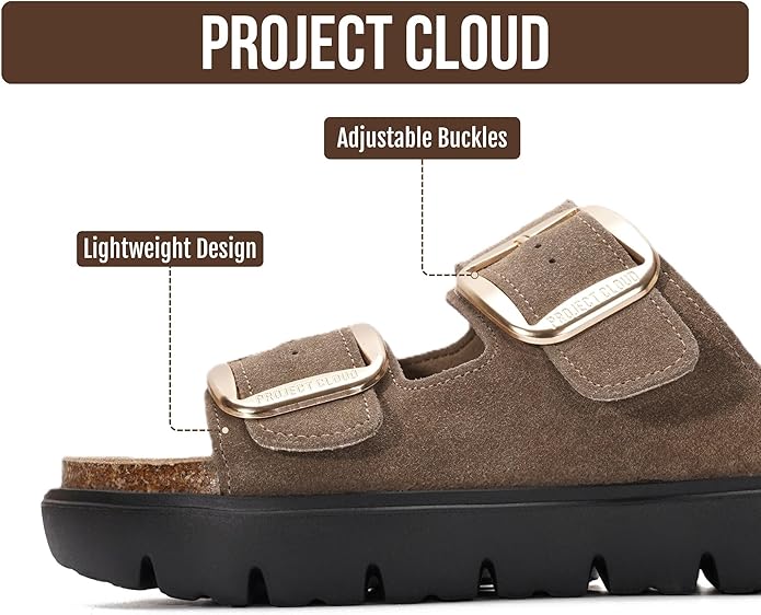 Project Cloud 100% Genuine Leather Platform Sandals Women Footwear - Wedge Chunky Slides for Women 2026 with Memory Foam Insole & Cork Footbed Womens Sandals (GreeceChunky)