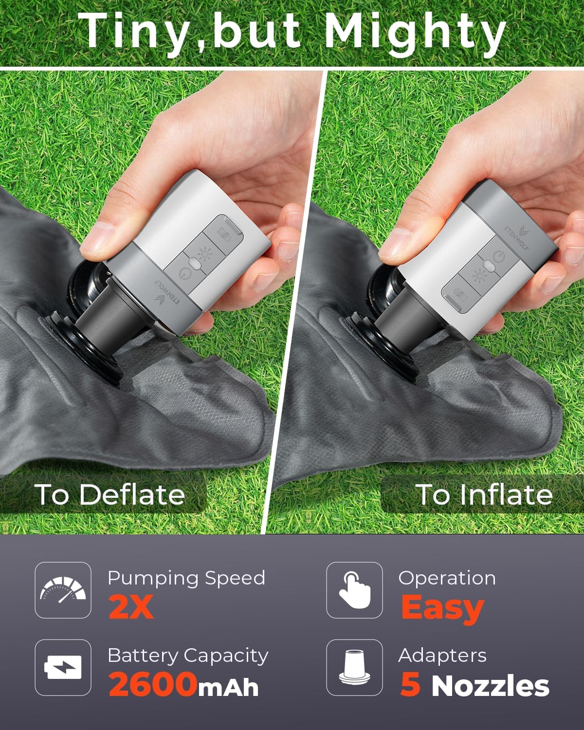 ETENWOLF AIR 3 Air Pump for Inflatables with 2600 mAh Battery & Camping Light Ultra-Fast and Mini Electric Air Pump Inflate Deflate for Air Mattress Pool Floats Vacuum Storage Bags (White)