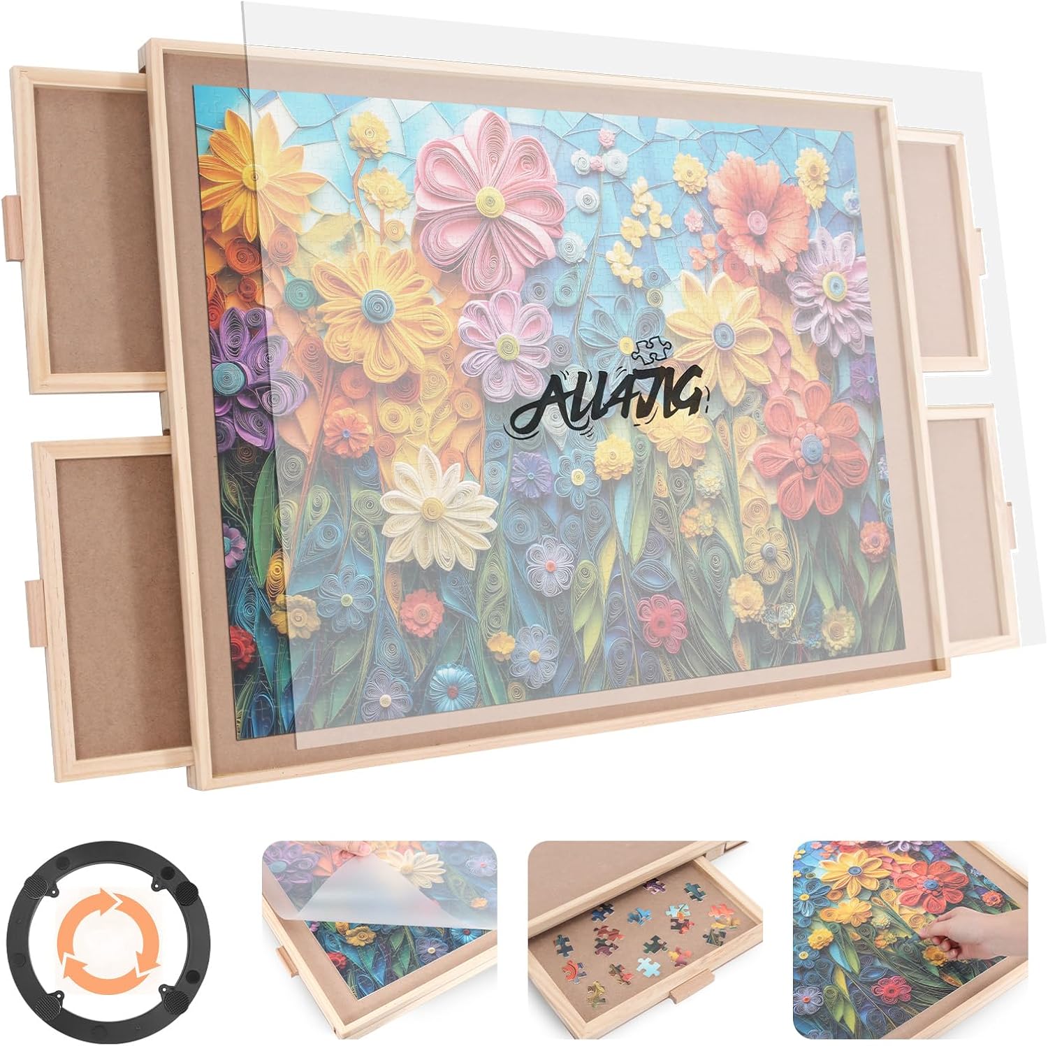 ALL4JIG 1500 Piece Rotating Puzzle Board with 4 Drawer 24.92"x33.58"Portable Wooden Jigsaw Puzzle Table for Adults Lazy Susan Spinning Puzzle Boards Birthday Gift for mom Surface for Lego Building