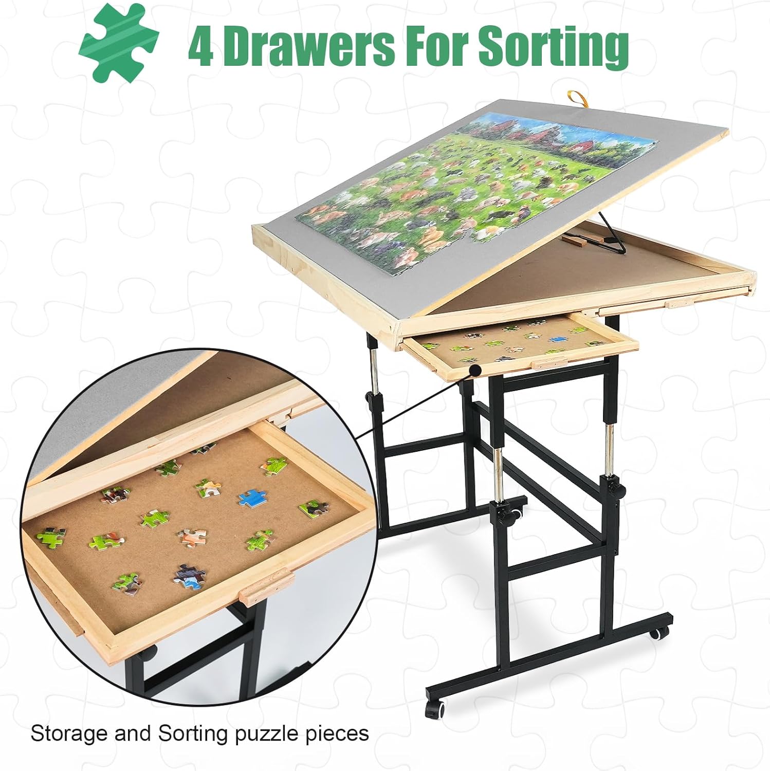 ALL4JIG 1500 Piece Jigsaw Puzzle Table with Legs, 24.53"x33.19"Adjustable Puzzle Tables for Adults, 3-Tilting-Angle Portable Wooden Jigsaw Puzzle Board Portable with 4 Drawers & Cover