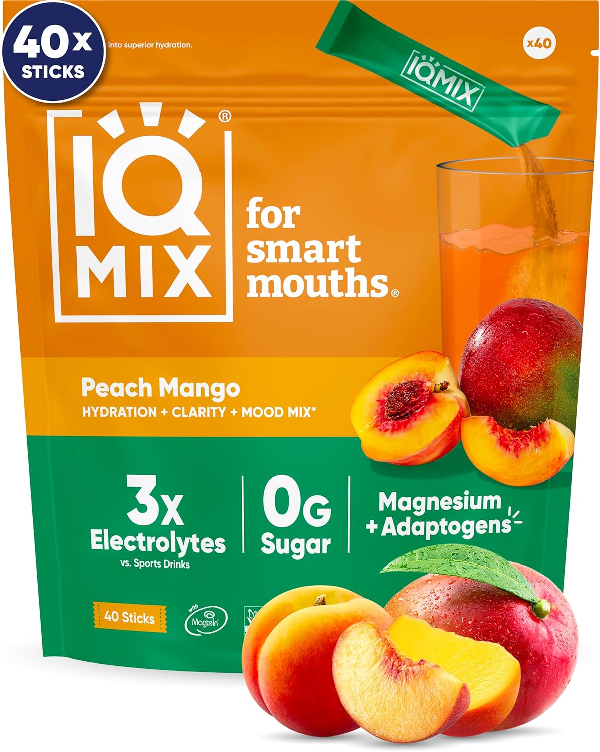 IQMIX Hydration Electrolyte Powder ‚Äì 4-in-1 Formula for Hydration Mental Clarity Mood and Recovery ‚Äì Sugar-Free Drink Mix Keto Magnesium L-Threonate Lion‚Äôs Mane ‚Äì 40 Count Peach Mango